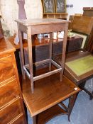 AN EDWARDIAN INLAID OCCASIONAL TABLE AND A SMALL OAK TABLE.