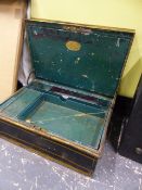 A VICTORIAN TIN DEED BOX.