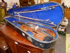 AN ANTIQUE VIOLIN AND BOWS.