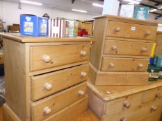 TWO PINE SMALL THREE DRAWER CHESTS.