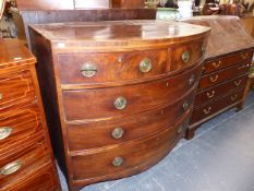 A LARGE LATE GEORGIAN MAHOGANY BOW FRONT CHEST OF DRAWERS.