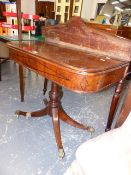 A LATE GEORGIAN MAHOGANY FOLD OVER TEA TABLE.