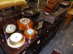 VARIOUS MANTLE CLOCKS AND A WALL CLOCK.