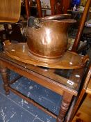 AN EDWARDIAN LUGGAGE STAND, A TRAY AND A COAL BUCKET.