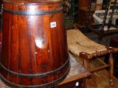 A RUSH TOPPED STOOL, A COOPERED VESSEL AND A GRAMOPHONE BOX.