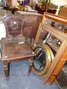 A VICTORIAN HALL CHAIR AND THREE MIRRORS.