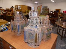 FIVE MIDDLE EASTERN STYLE HALL LANTERNS.