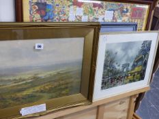 A GILT FRAMED PRINT TOGETHER WITH A SPORTING PRINT AND THREE OTHERS.