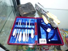 AN EDWARDIAN CROCHET AND SEWING SET, VARIOUS CUTLERY,ETC.
