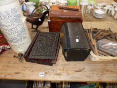 A VICTORIAN WORK BOX, A CARVED BOX, DRESSING CASE, LETTER STAMPS,ETC.