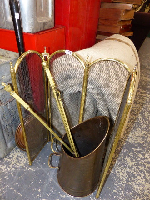 A VICTORIAN WARMING PAN, FIREGUARD,ETC.