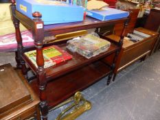 A VICTORIAN MAHOGANY THREE TIER DUMB WAITER.