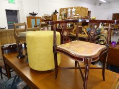 AN EDWARDIAN INLAID CORNER CHAIR AND TWO STOOLS.