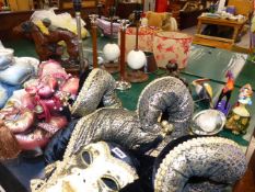 VARIOUS TABLE LAMPS, DECORATIVE ORNAMENTS, MASKS,ETC.