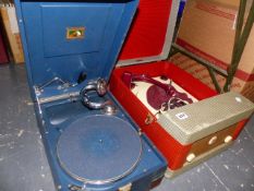 A GOOD QUALITY HMV PORTABLE GRAMOPHONE AND A RETRO RECORD PLAYER.