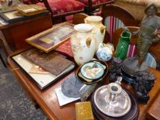 VARIOUS ORNAMENTS, CHINAWARES AND A SMALL RUG.