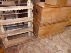 TWO PINE BLANKET BOXES, A TOWEL RAIL AND A WALL SHELF.