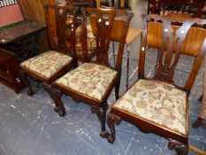 THREE IRISH GEORGIAN STYLE CABRIOLE LEG SIDE CHAIRS.