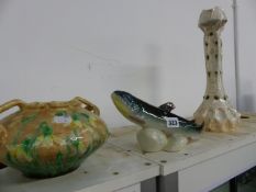 TWO GERMAN POTTERY VASES AND A FIGURE OF A SALMON.