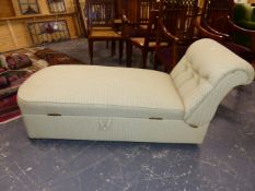 A BESPOKE VICTORIAN STYLE BOX SEAT DAY BED/ OTTOMAN WITH BUTTON UPHOLSTERED ADJUSTABLE HEAD REST.