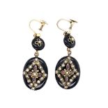 A PAIR OF VICTORIAN AMETHYST AND SEED PEARL 9ct GOLD SCREW BACK OVAL CLUSTER EARRINGS, TOGETHER WITH