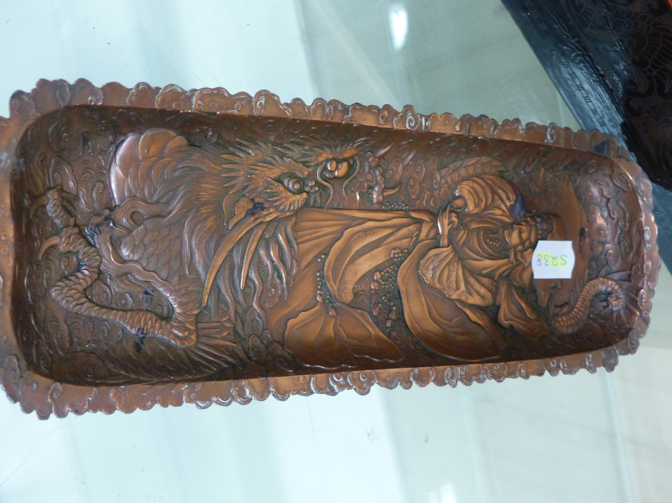 A JAPANESE COPPER PLATED PEN TRAY CAST IN RELIEF WITH KWANNON RIDING A DRAGON. W 26.5cms. TOGETHER - Image 4 of 8