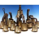 A GROUP OF THIRTEEN CAMPANOLOGY HAND BELLS WITH TURNED HANDLES, THE LARGEST SIGNET SYMONDSON & SONS,