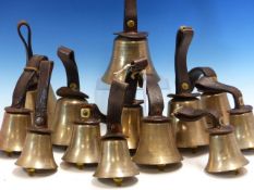 A GROUP OF THIRTEEN CAMPANOLOGY HAND BELLS WITH TURNED HANDLES, THE LARGEST SIGNET SYMONDSON & SONS,