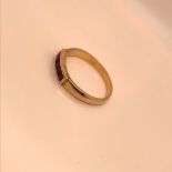 A YELLOW GOLD (UNMARKED) CHANNEL SET RUBY HALF HOOP RING. ORIGINALLY MADE IN THE GEOFFREY TURK