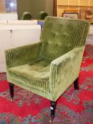 A BESPOKE REGENCY STYLE LIBRARY ARMCHAIR IN GREEN VELVET UPHOLSTERY WITH LOOSE SEAT AND BACK SQUAB