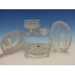 A CUT CLEAR GLASS SWEETMEAT, A WAVY RIMMED SALT AND THREE CUT CLEAR GLASS SHALLOW BOWLS, THE WIDEST.