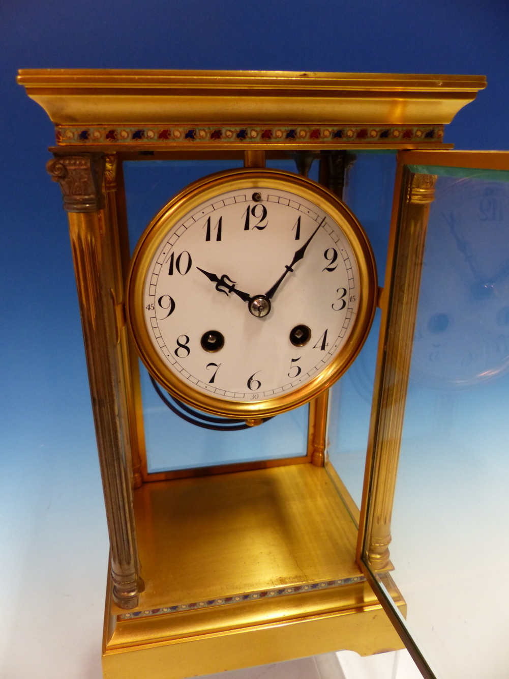 A FRENCH GILT METAL MOUNTED BEVELLED GLASS CASED MANTEL CLOCK STRIKING ON A COILED ROD, THE - Image 10 of 18