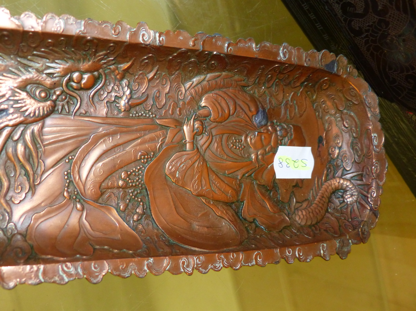 A JAPANESE COPPER PLATED PEN TRAY CAST IN RELIEF WITH KWANNON RIDING A DRAGON. W 26.5cms. TOGETHER - Image 6 of 8