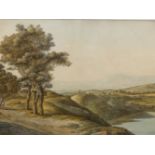 LATE 18th.C. ENGLISH SCHOOL. A CONTINENTAL LANDSCAPE WITH FOREGROUND FIGURES ON A TRACK. 34 x