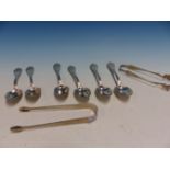 A SET OF SIX STERLING SILVER TEA SPOONS BY ROBINSON INSCRIBED LEILA TUCKER, A PAIR OF ICE TONGS