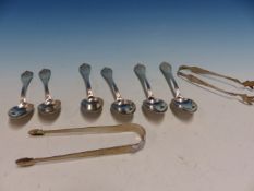 A SET OF SIX STERLING SILVER TEA SPOONS BY ROBINSON INSCRIBED LEILA TUCKER, A PAIR OF ICE TONGS