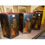 THREE MATCHING HEXAGONAL ORIENTAL LACQUER DECORATED WASTE PAPER BINS TOGETHER WITH FOUR TOLE PAINTED