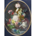 19th.C.CONTINENTAL SCHOOL. AN OVAL STILL LIFE OF FLOWERS IN THE DUTCH TASTE, OIL ON METAL PANEL.