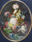 19th.C.CONTINENTAL SCHOOL. AN OVAL STILL LIFE OF FLOWERS IN THE DUTCH TASTE, OIL ON METAL PANEL.