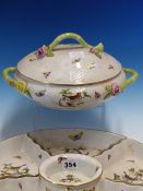 A HEREND SUPPER SET AND A COVERED TUREEN, EACH DECORATED WITH BIRDS AND BUTTERFLIES, THE SUPPER