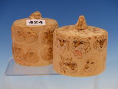 A PAIR OF JAPANESE IVORY BOXES CARVED WITH TIGER MASKS, THE MALE MASK COVER HANDLE ROARING. Dia.