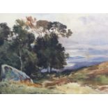 LATE 19th.C.ENGLISH SCHOOL. A HILL TOP VIEW, WATERCOLOUR, MOUNTED BUT NOT FRAMED. 20.5 x 33cms.