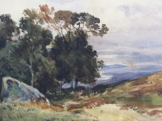 LATE 19th.C.ENGLISH SCHOOL. A HILL TOP VIEW, WATERCOLOUR, MOUNTED BUT NOT FRAMED. 20.5 x 33cms.