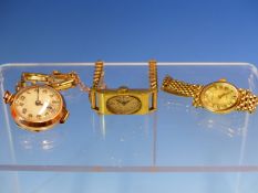 A 9ct GOLD IMPERIALTO QUARTZ WATCH TOGETHER WITH A 9ct GOLD WATCH DATED 1935, AND A FURTHER 9ct GOLD