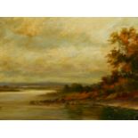 HARRY SUTTON PALMER. (1854-1933) RIVER LANDSCAPE, A SIGNED OIL ON BOARD. 42 x 68cms.