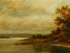 HARRY SUTTON PALMER. (1854-1933) RIVER LANDSCAPE, A SIGNED OIL ON BOARD. 42 x 68cms.