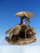 GILROY ROBERTS, HIS 1977 GREY METAL GROUP OF TWO PEREGRINE FALCONS. W 15.5cms.