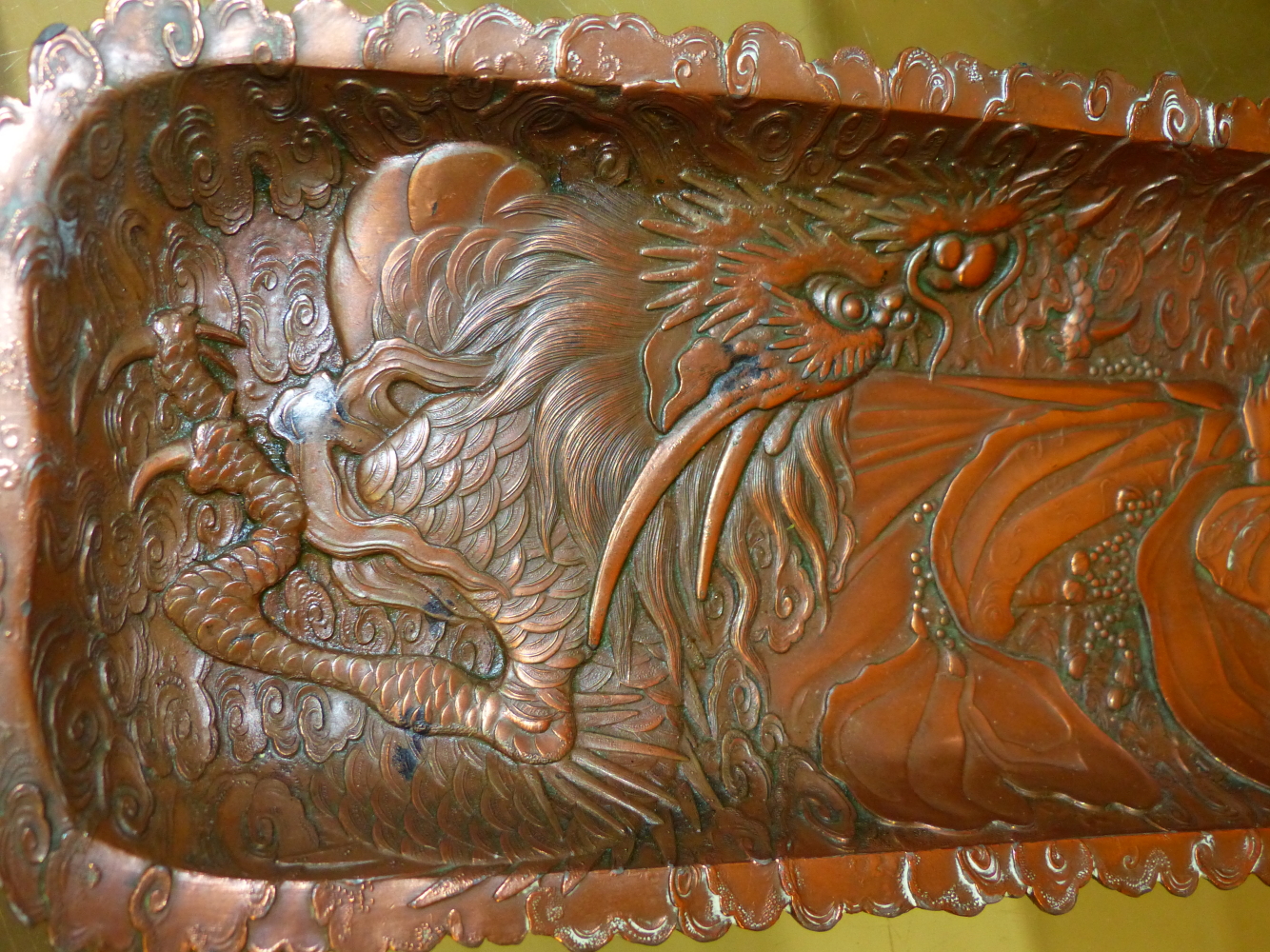 A JAPANESE COPPER PLATED PEN TRAY CAST IN RELIEF WITH KWANNON RIDING A DRAGON. W 26.5cms. TOGETHER - Image 5 of 8