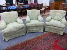 A PAIR OF PETER DUDGEON HOWARD STYLE DEEP SEAT ARMCHAIRS IN GREEN CHECK UPHOLSTERY ON TURNED