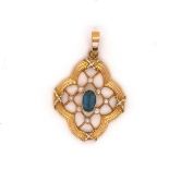 A 9ct GOLD AQUAMARINE AND PEARL LATTICE WORK PENDANT. DROP 3.2cms, WEIGHT 1.5grms.